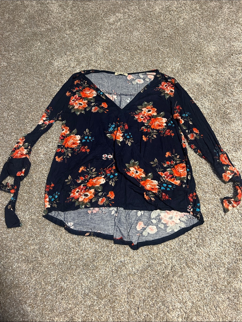 Beacon Navy Floral V-Neck Tie-Sleeve Top